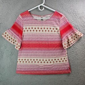 Lucky Brand‎ Top Blouse Women Medium Geometric Print Ruffle Sleeve Red White